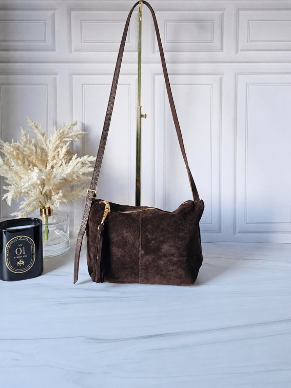 Italian Suede Crossbody Bag – Long Adjustable Strap, Dark Brown
